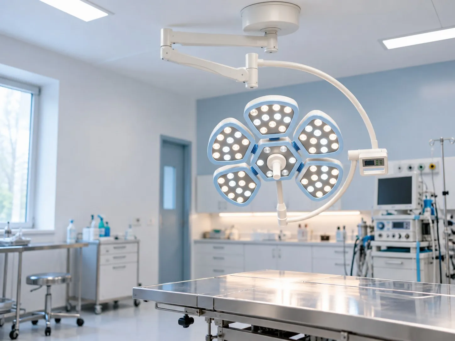 Lampa operacyjna bezcieniowa VET-LI02 w wersji sufitowej nad stołem w nowoczesnej sali zabiegowej