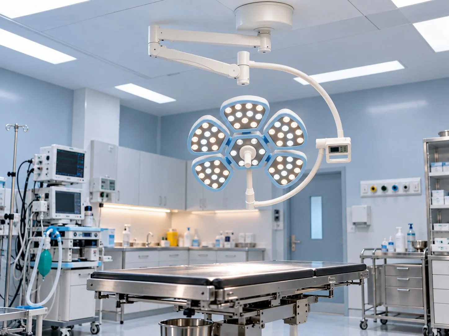 Lampa operacyjna VET-LI02 w wersji sufitowej nad stołem w sali operacyjnej