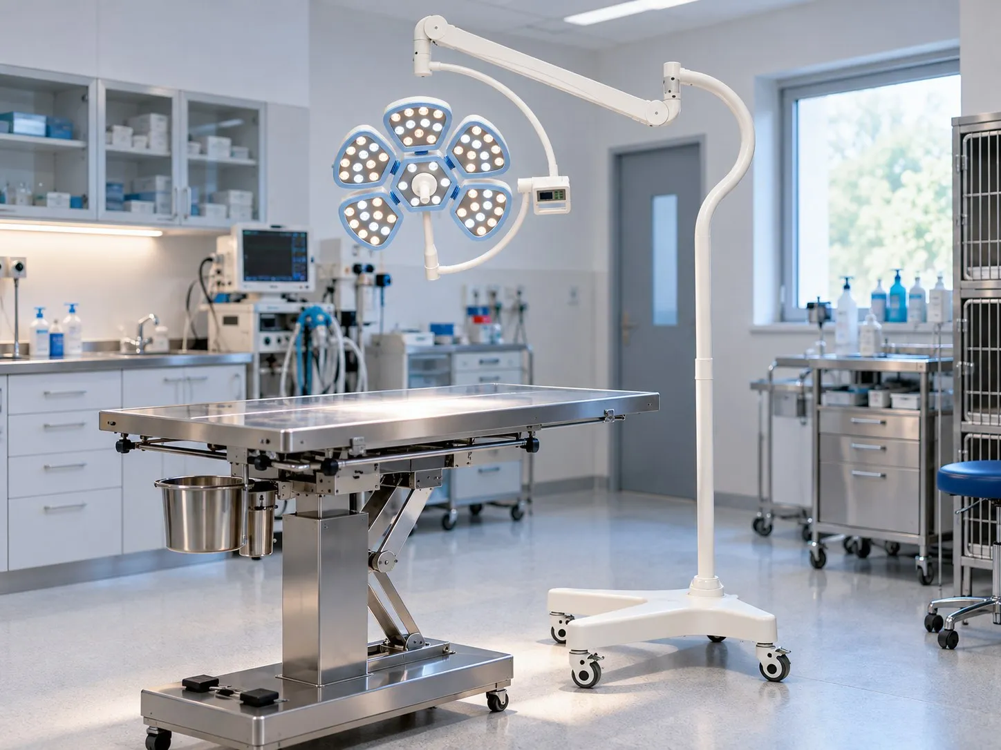 Lampa operacyjna VET-LI02 w wersji mobilnej na statywie z kółkami, obok stołu zabiegowego